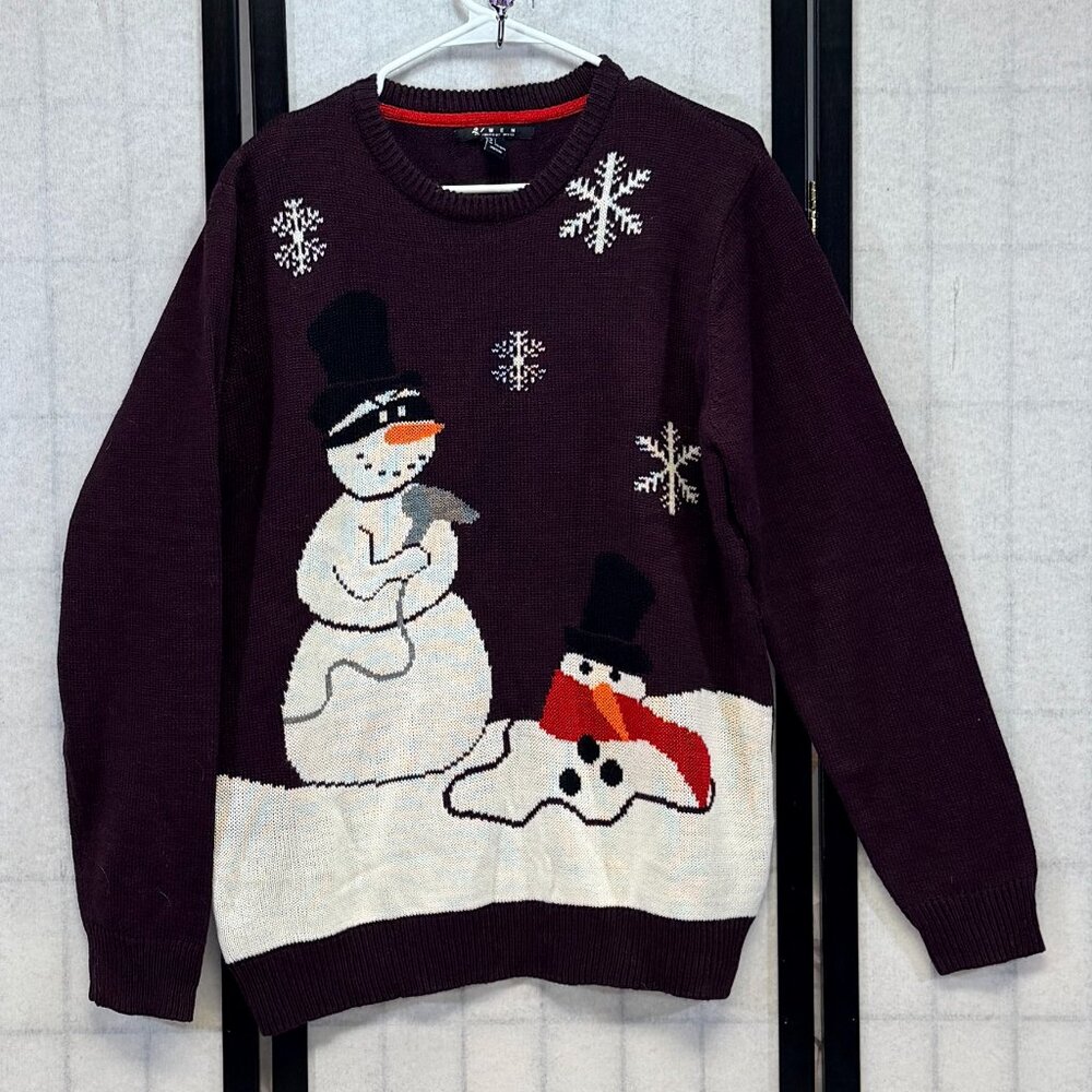 21 Men L Maroon Snowman Snowflake Graphic Holiday Knit Sweater Long Sleeve Cozy